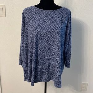 Navy and Light Blue Lucky Brand Printed High Low 3/4 Sleeve Blouse Size 3X